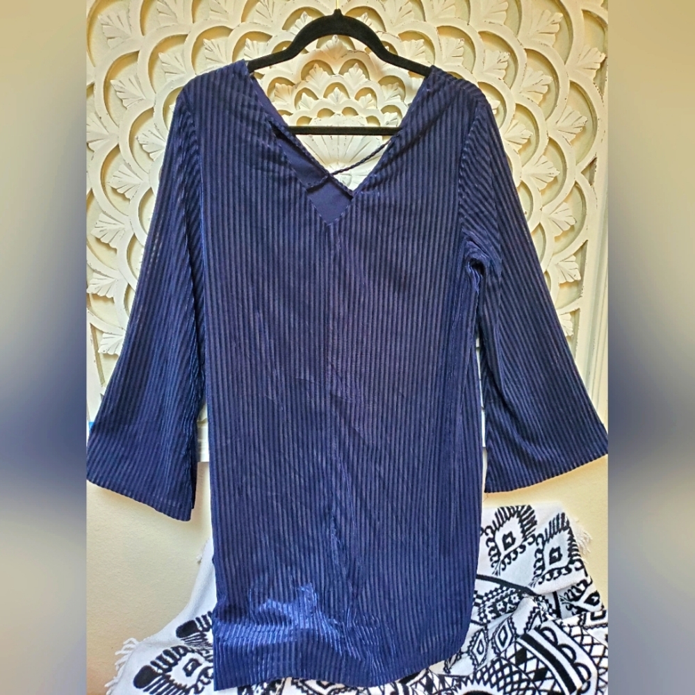Blue Velevet Bell Sleeve Pin Striped Velour Tunic Nina Leonard XL